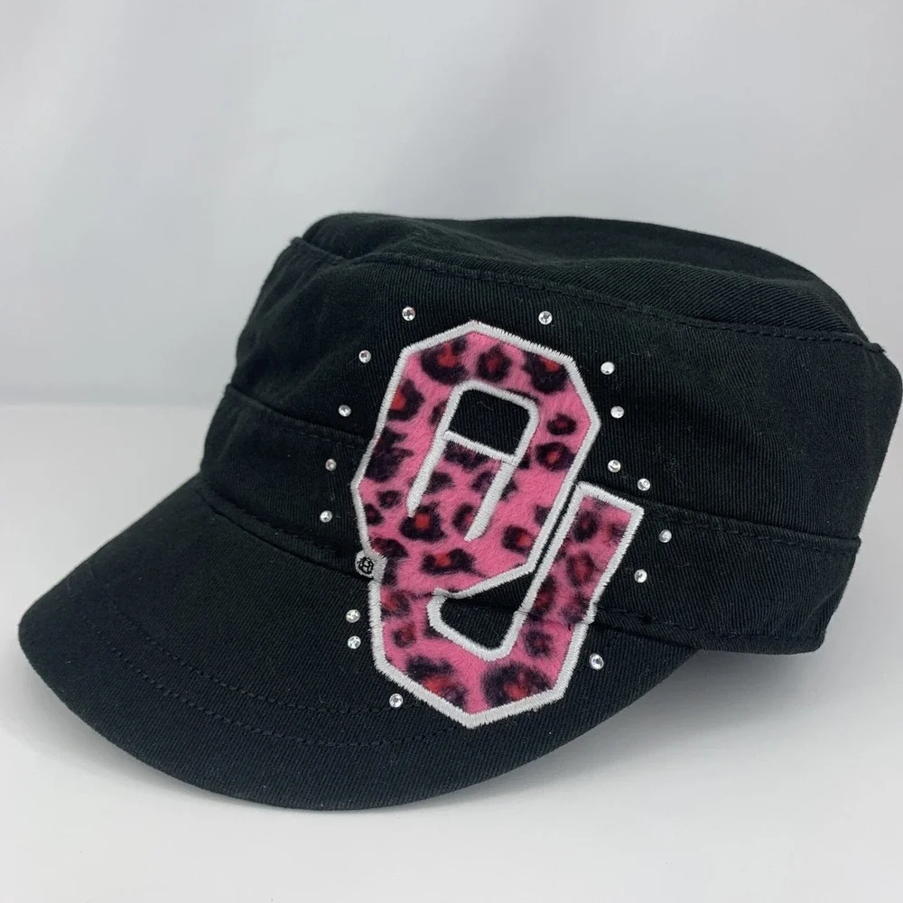 OU Oklahoma Sooners Hat Womens Cadet Cap Black Pink Cheetah Trim & Fake Crystals